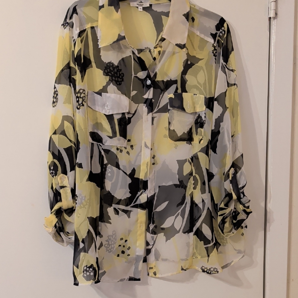 Vintage Nicola Woman Floral Sheer Button-Up Blouse - Yellow, Black, White, 1X